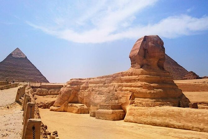 small group trip to Cairo from Hurghada - Great Sphinx and temple area: human head, lion body, quarry story